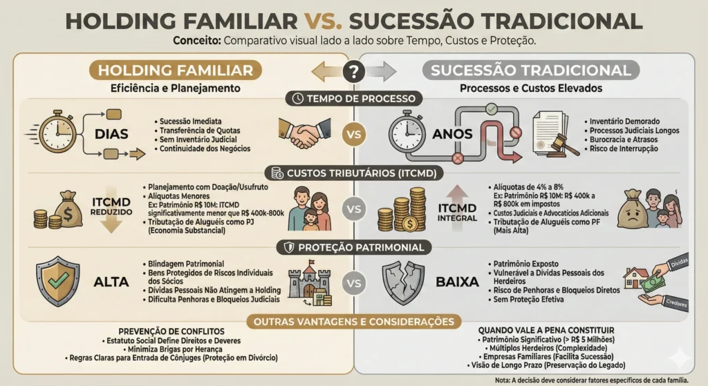 Comparativo entre holding familiar e sucessão tradicional destacando economia de tempo e impostos