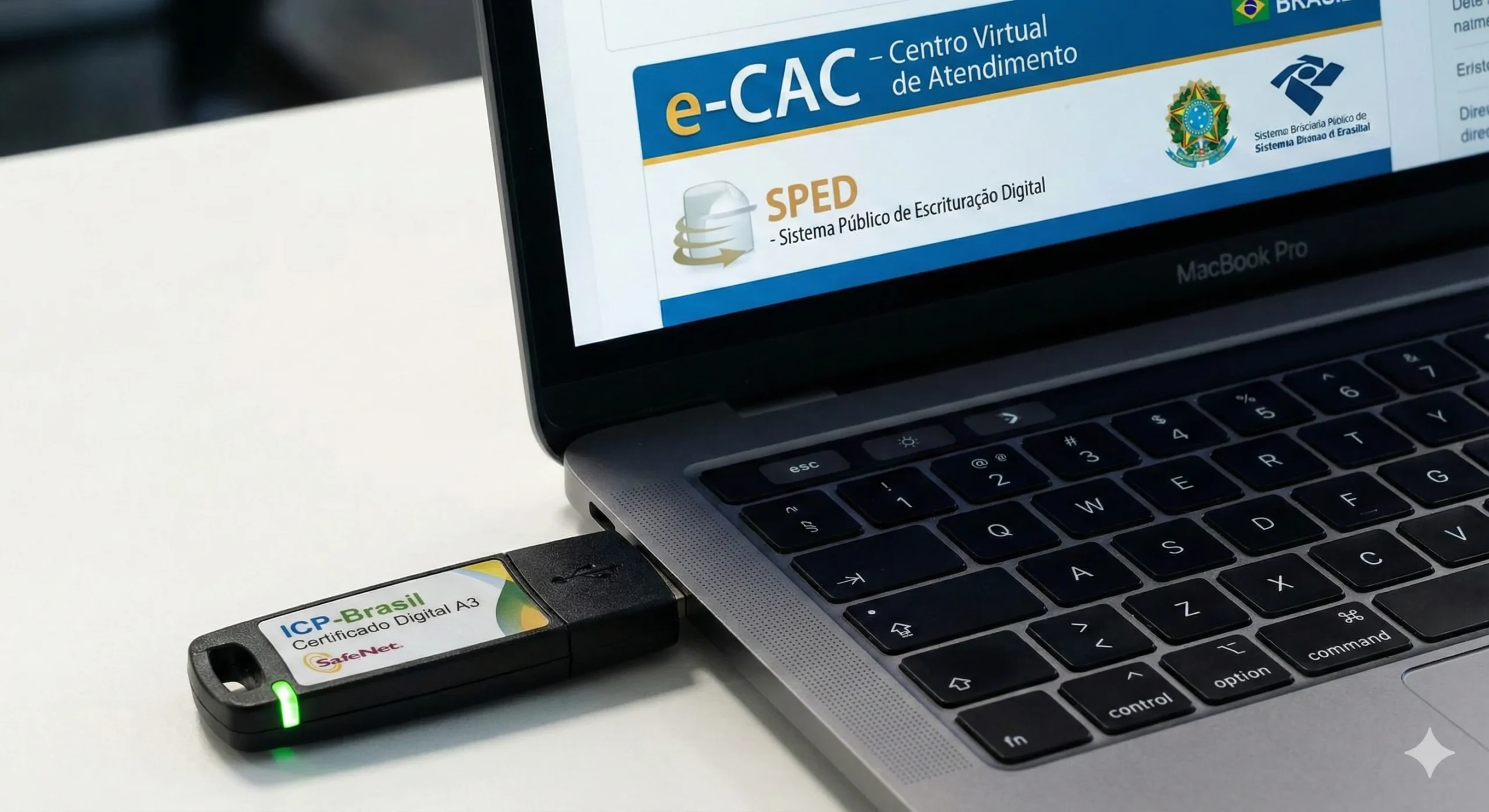 Token de certificado digital A3 conectado a computador para acesso a sistemas fiscais brasileiros